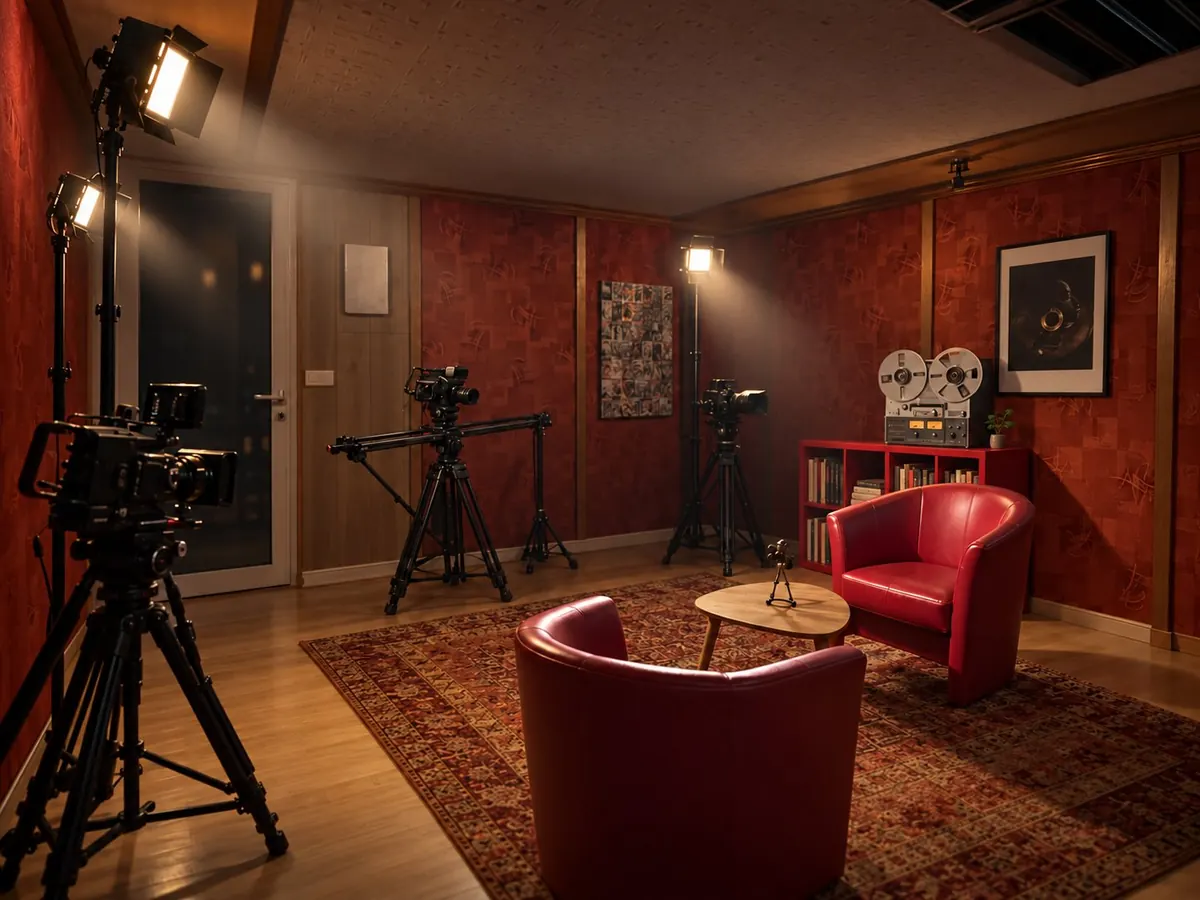 Plateau de tournage SONGUART PROD : fauteuils rouges, caméras et projecteurs