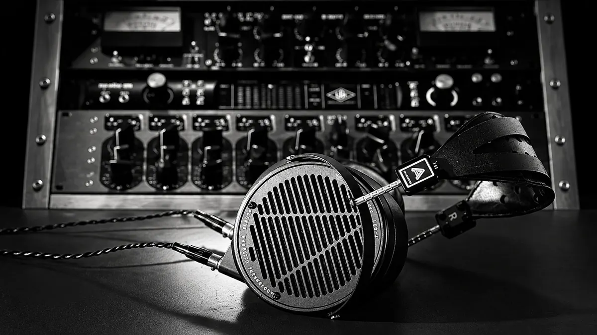 Casque audio posé devant des racks de traitement analogique