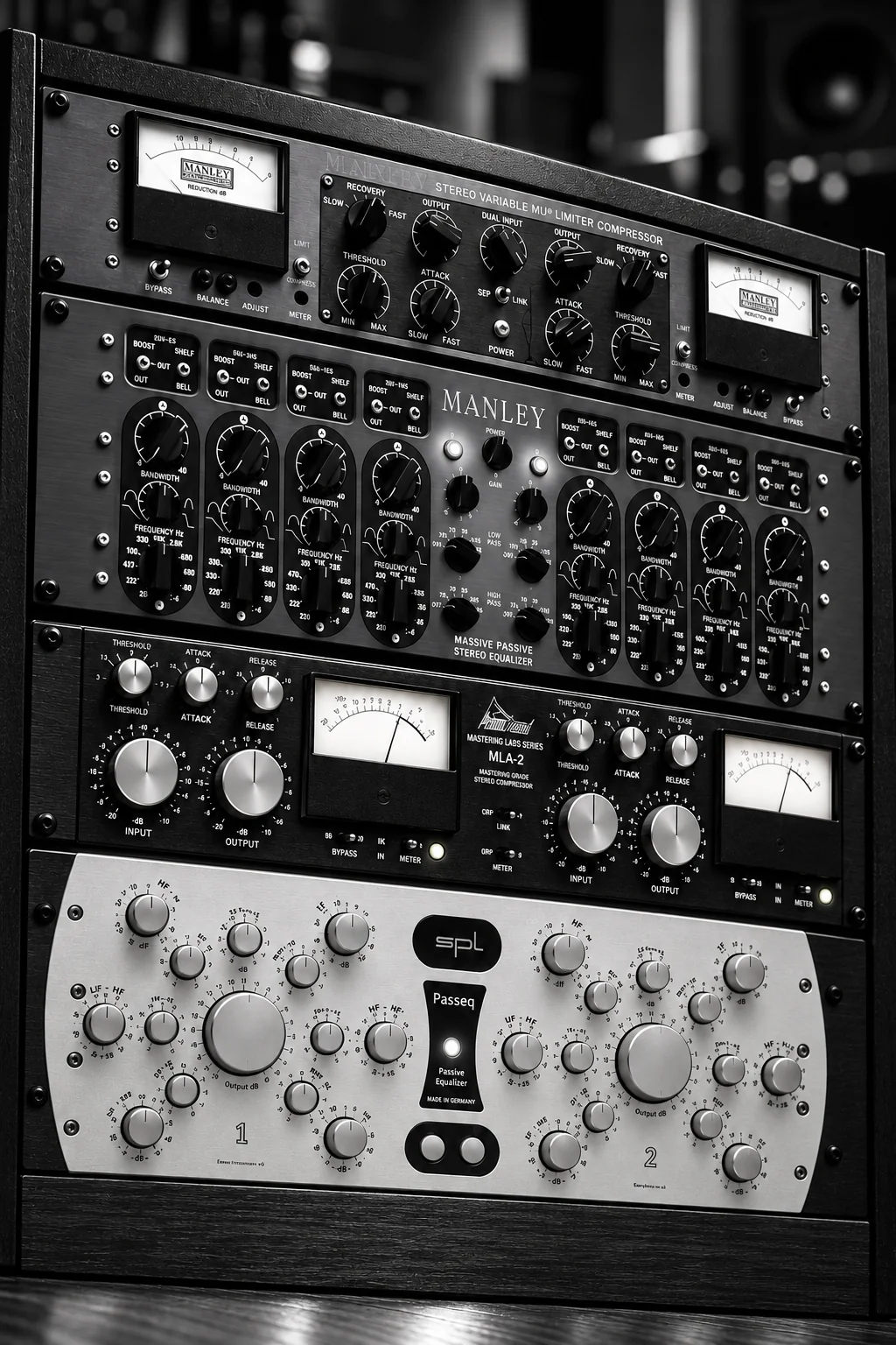 Rack d'équipement de mastering : compresseur Manley Variable-Mu, égaliseur Manley Massive Passive, compresseur MLA-2 et égaliseur SPL Passeq